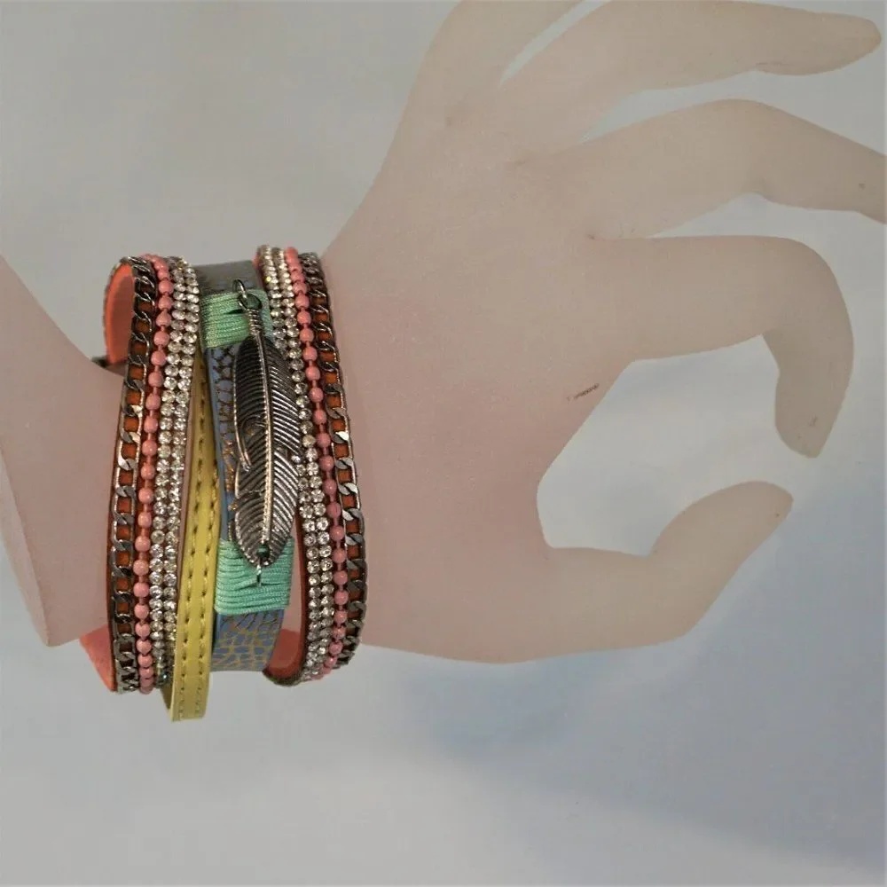 Feather Charm Faux Leather Wrap Bracelet Bling Multi Layer With Magnetic Clasp